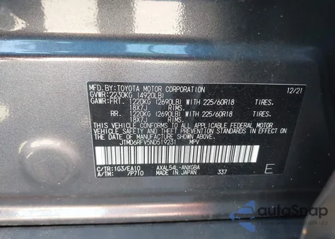 2022 Toyota Rav4 Hybrid Limited z USA, uszkodzony, nr VIN JTMD6RFV5ND519231